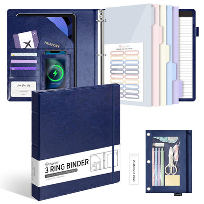 Ospelelf Leather 3 Ring Binder for Letter Size Documents with Durable Pocketed Dividers, Storage Bag & Notepad, 1 Inch Round Rings, Holds 175 Sheets, for Office School Home Organization, Deep Blue