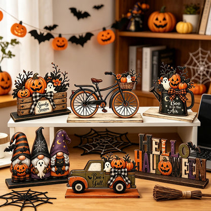 6 Pieces Halloween Decor Hello Halloween Table Topper Signs Spooky Pumpkin Ghost Gnome Truck Tiered Tray Centerpiece Farmhouse Halloween Wooden Tabletop Decorations for Indoor Home Kitchen Party