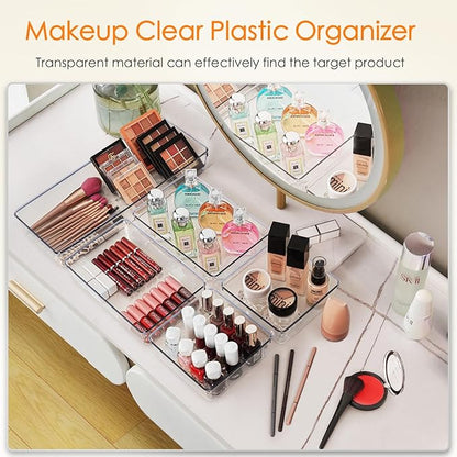 Criusia Drawer Organizer, 10 Pack Large Clear Plastic Set, 3 Size Versatile Bathroom and Vanity Organizer Trays, Storage Bins for Makeup, Bedroom, Kitchen Utensils