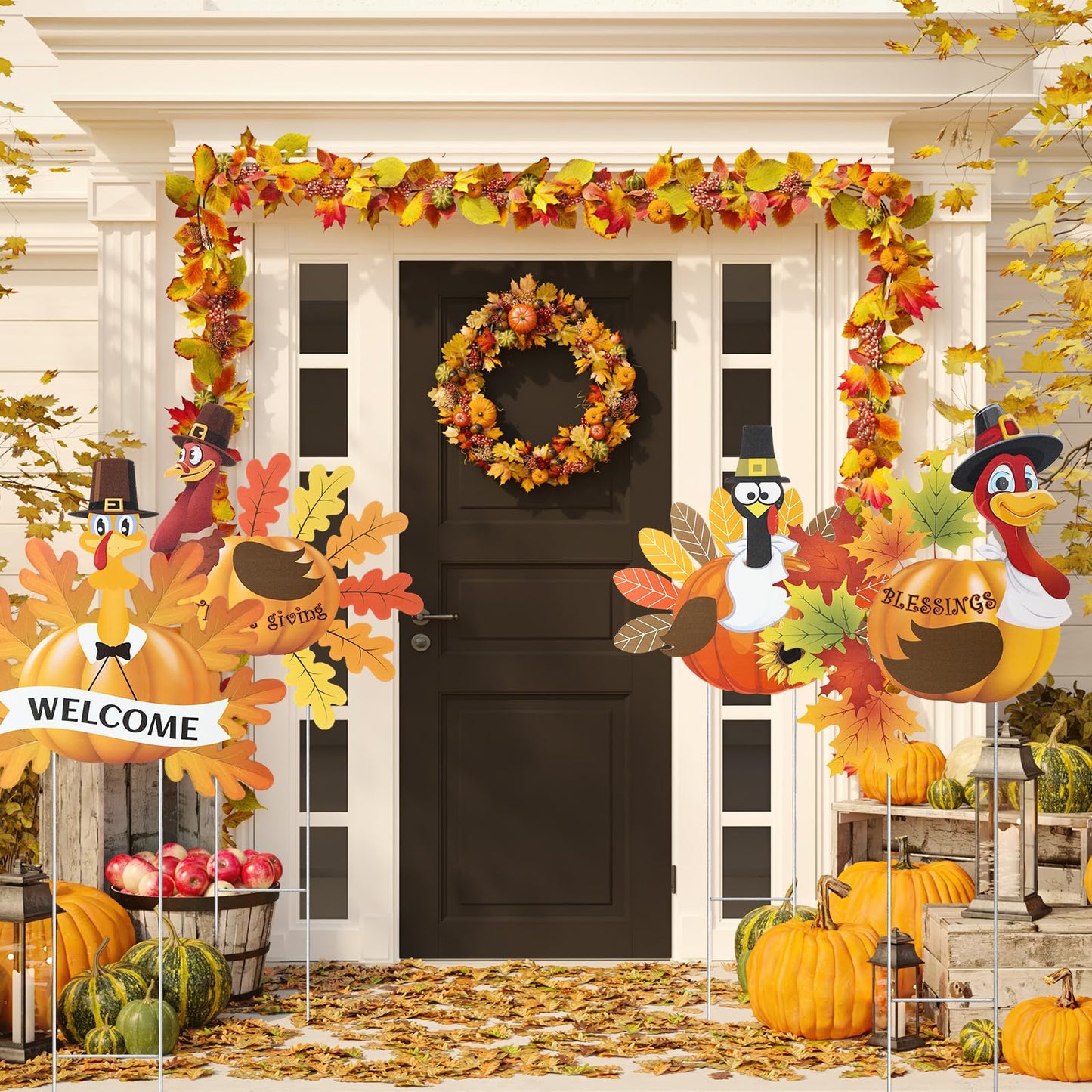 Sosation 4 Pack Thanksgiving Outdoor Decorations, Metal Turkey Yard Stakes with Pumpkin and Welcome Signs, Fall Harvest Thanksgiving Yard Decorations for Lawn, Garden, Porch, Pathway, Patio