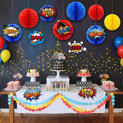 Preboun 6 Pcs Hero Party Decorations 3D Multilayer Comic Action Sign Cutouts Sign Fun Action Paper Cutouts Spider Bat Birthday Party Decor for Classroom Birthday Baby Shower Office Photo Prop (Hero)