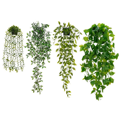 BLEUM CADE Fake Hanging Plants Mixed Set, 4pcs Artificial Hanging Plant, Faux Hanging Potted Plants Greenery for Wall Shelf Home Living Room Indoor Outdoor Decor