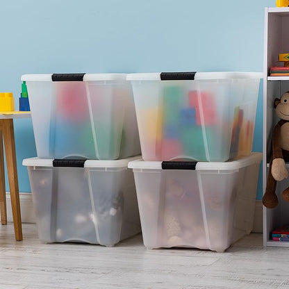 IRIS USA 54 QT Plastic Storage Box with Lid and Latches - 4 Pack - BPA-Free, Discreet Organizing Solution, Durable Nestable Stackable Containers, Secure Pull Handle - Pearl