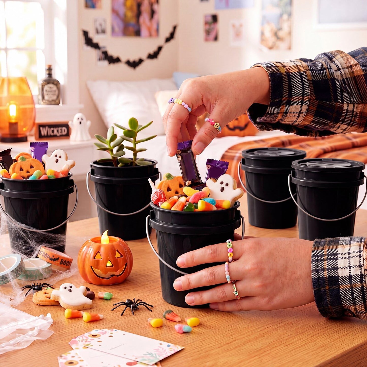 Hushee 6 Pcs Mini Plastic Buckets with Lids, 0.4 Quart Black Buckets for Party Gift Packaging, Candy Holders Easter Halloween Christmas Candy Treat Snacks Holder Birthday Baby Shower Party Supplies