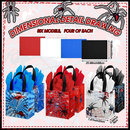 GliCraft 24 Pcs Spider Gift Bags with Tissue Paper Reusable Spider Party Favors Bags with Handle Spider Birthday Party Decorations Double Sided Spider Printed Goodie Candy Bags for Spider Party Favor