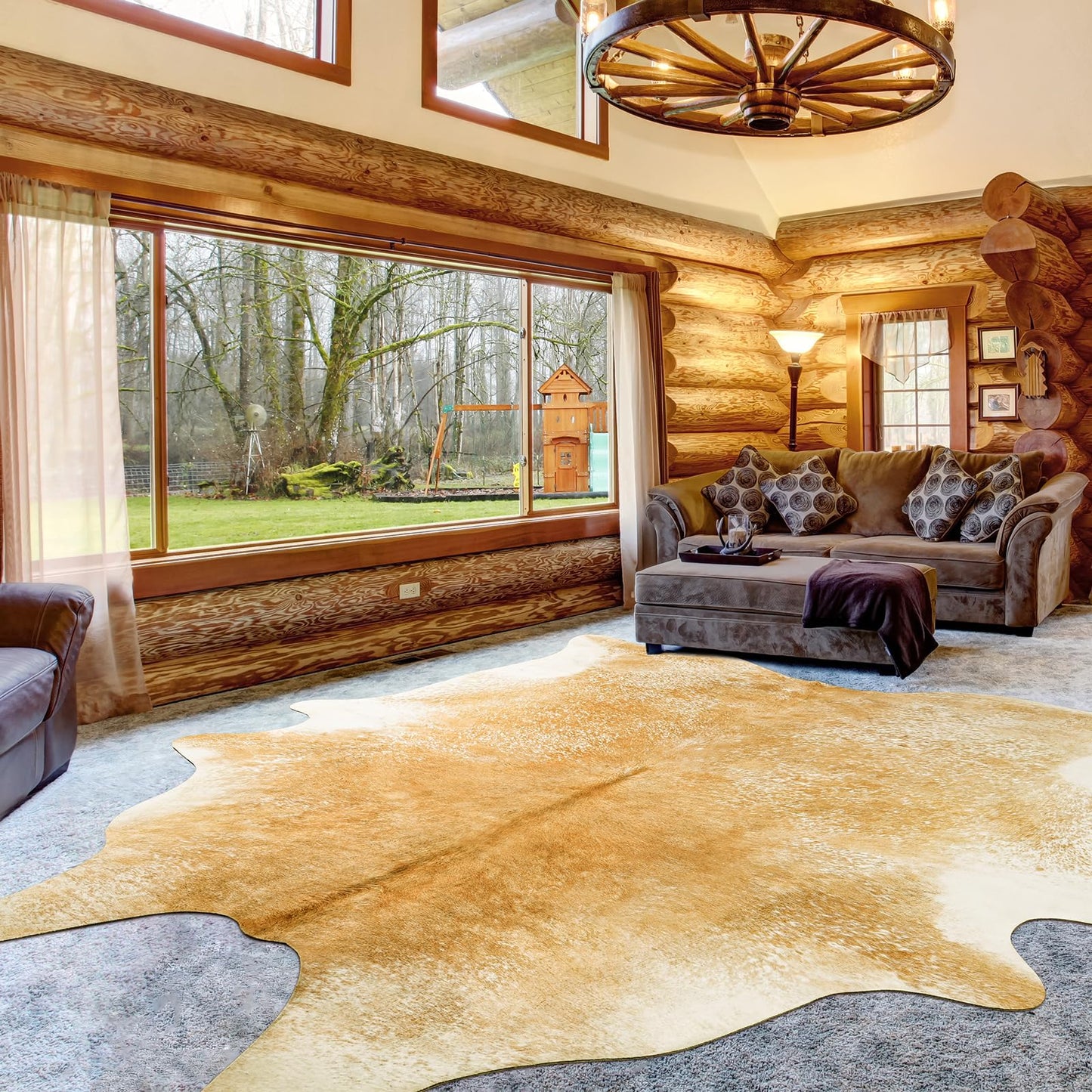 Rtizon Washable Cowhide Rug for Living Room, Large 6x7 Khaki Faux Cow Print Area Rugs, Non Slip Animal Skin Bedroom Carpet, Rustic Western Home Decor Fake Hide Floor Mat for Office Fireplace