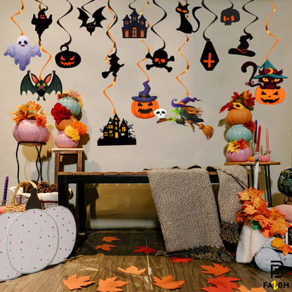 56 Pieces, Halloween Swirls for Hanging Halloween Decorations - No DIY | Ghost Pumpkin Witches Swirls, Scary Ceiling Streamers, Scary Party Decorations, Haunted House Decor, Classroom, Office Décor