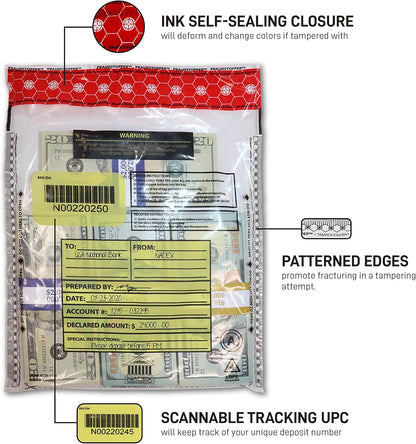 Nadex 9 x 12 Inch Tamper Evident Bank Deposit Bags with FRAUDSTOPPER - 4 Tamper Indicator Security, 100 Pack (Clear)