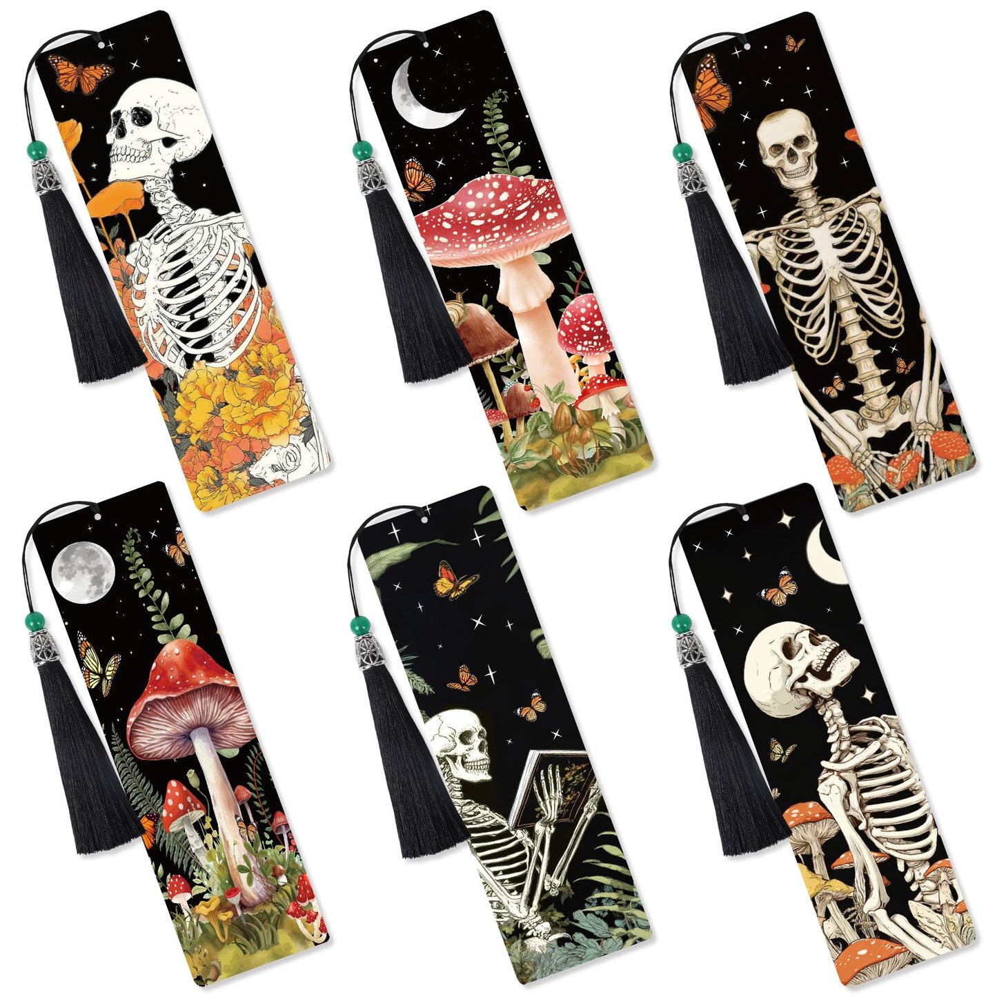 Sitsink Skull Diamond Art Bookmarks - 6 Pcs Halloween Gothic Diamond Painting Bookmarks Flower Mushroom Buttrefly DIY Gem Art Rhinestone Craft Kit for Adult Women Halloween Day of The Dead