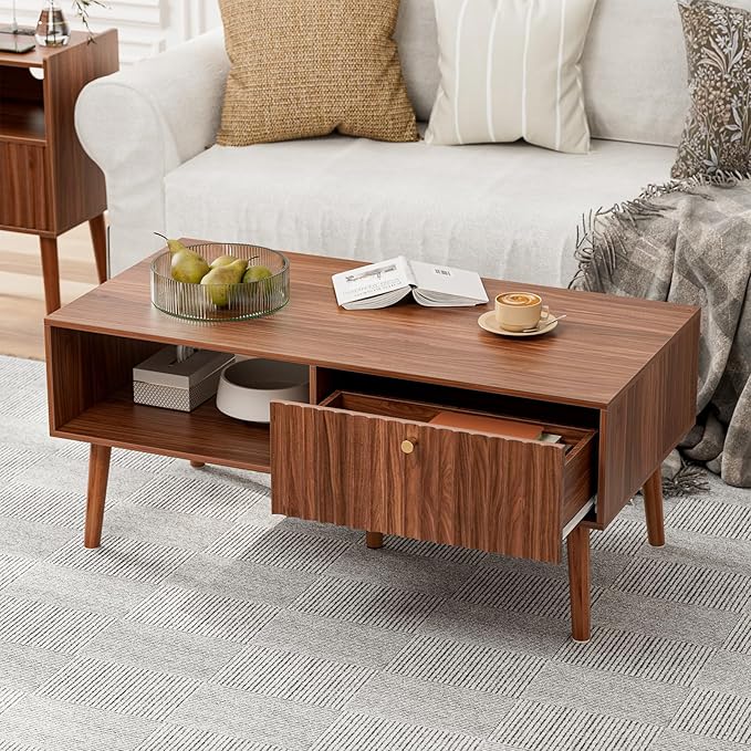 LCRBOL Coffee Table with Storage, Mid Century Dining Table with Fluted Drawer and Solid Wood Legs, Small Coffee Tables for Living Room, Walnut