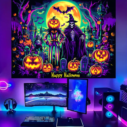 BSFHH Black Light Tapestry – UV Reactive Glow in the Dark Wall Hanging, Spooky Night Scene with Ghosts & Pumpkins, Haunting Home Decor for Parties, Bedroom, or Dorm (Witches & Bats, 90L" x 70W", Unframed)