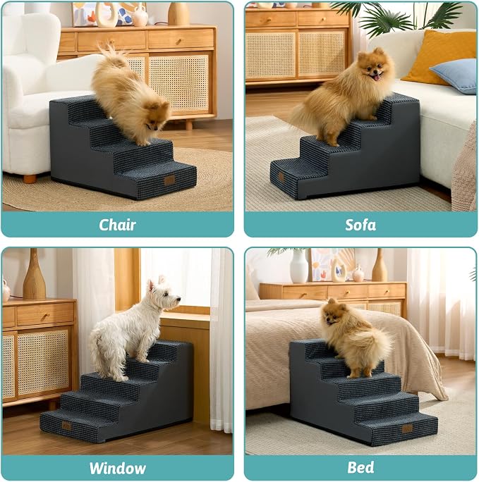 COZY KISS Dog Stairs for Small Dogs 15.7" H, 4-Step Gentle Incline Pet Step for Couch Sofa, Non-Slip Dog Ramp for Puppy Doggie Senior Cats, 15.7x23.6x15.7 Inch, Charcoal Grey