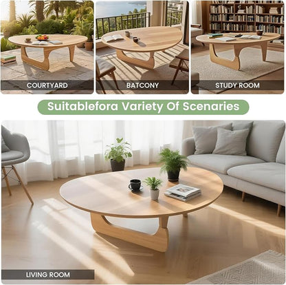 Modern Triangle Coffee Table: Unique Funky Soild Wood Coffee Tables for Living Room, Wooden Oval Mid-Century Modern Abstract Tea Tables for Patio Office Balcony (Natural, 50" Lx31 Wx16 H)