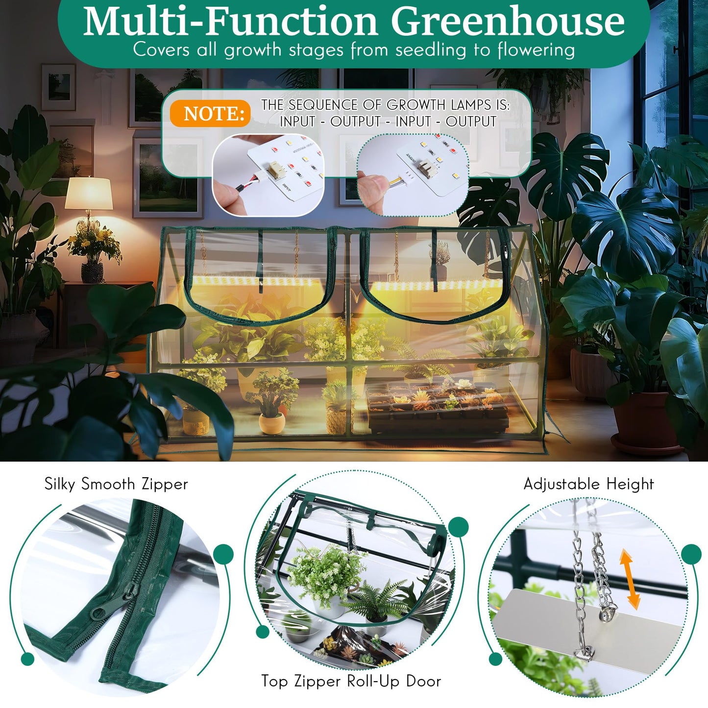 Meonum Mini Greenhouse with Grow Light, 47.2" L x 23.6" L x 23.6" W Portable Greenhouses Waterproof UV-Resistant for Indoor/Outdoor Seed Starting (House Shape)