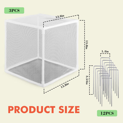 Verdanzia 3 Pack Plant Protectors from Animals, 13.8" X 13.8" Detachable Plant Cages for Outdoor Plants with Netting, Square Plant Cages to Keep Animals Out with Ground Stakes (White)