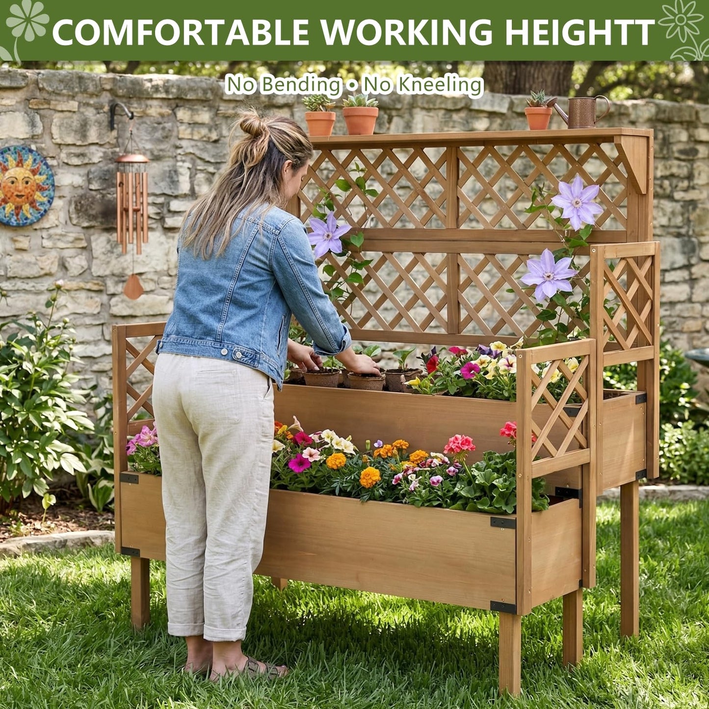 Raised Garden Bed with Trellis, 2-Tier Elevated Planter Box, Wooden Outdoor Planter for Vegetables Herbs Flowers, Lattice Back for Climbing Plants, Modern Minimal Design for Patio Balcony Backyard