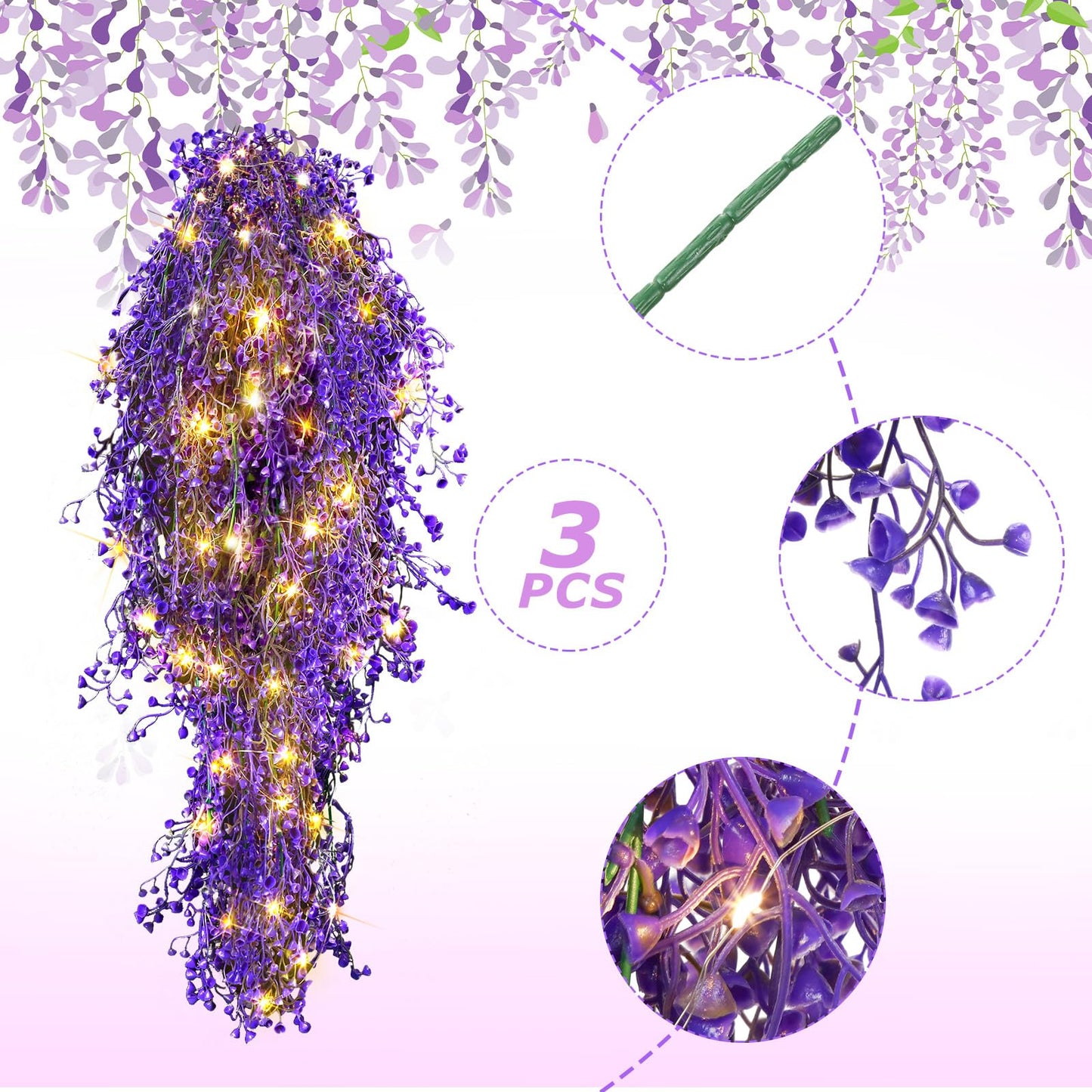 Mudder 3 Packs LED Artificial Hanging Plants, 3.6 ft Fake Hanging Plant, Ivy Vine Fake Leaves Greeny Chain Wall Home Room Garden Wedding Garland Outside Decor (Basket Not Included) (Purple Vine)