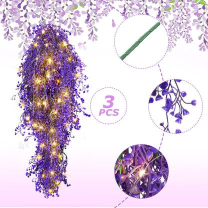 Mudder 3 Packs LED Artificial Hanging Plants, 3.6 ft Fake Hanging Plant, Ivy Vine Fake Leaves Greeny Chain Wall Home Room Garden Wedding Garland Outside Decor (Basket Not Included) (Purple Vine)