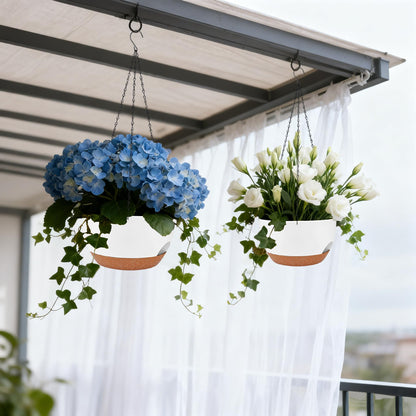 zople Set of 2-8 Inch Self Watering Hanging Planters for Indoor Outdoor，Hanging Plant Pots with Drainage & Removable Tray, Hanging Pots Holder for Ivy, Pothos, Ferns, Balcony & Patio, White Brown
