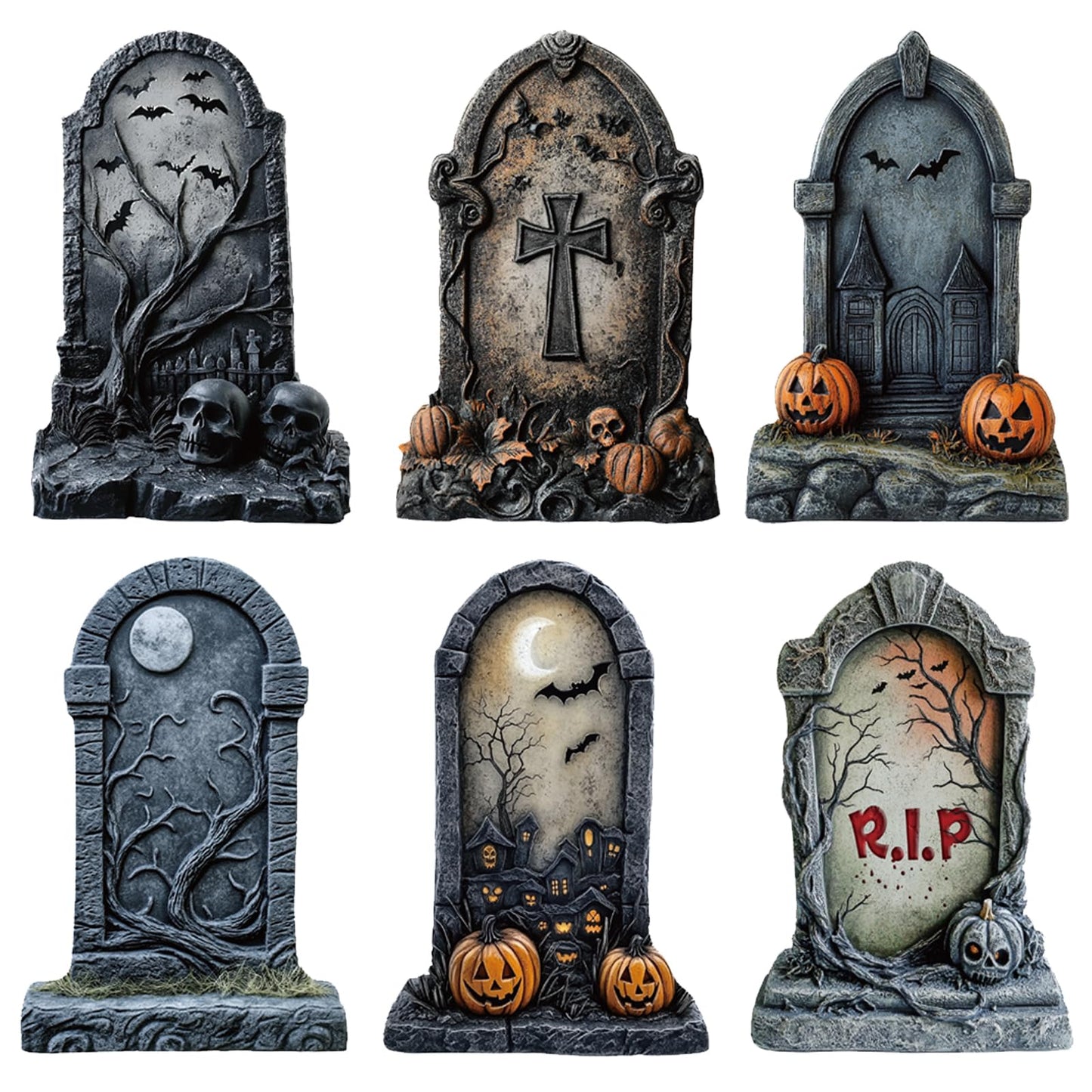 ORNALES 6 Pieces Halloween Tombstone Yard Signs, Waterproof Tombstone Halloween Yard Decorations with Stakes, Ghost Skull Pumpkin Graveyard Design for Outdoor Yard, Garden Lawn, Holiday Party