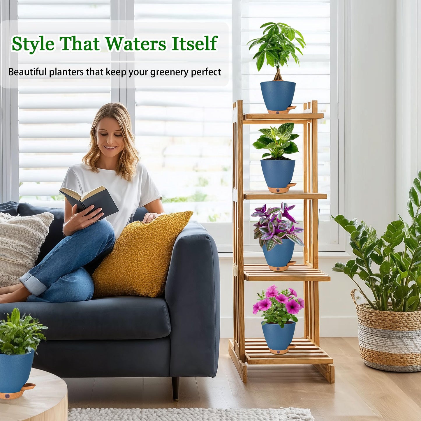6 Inch Self Watering Pots for Indoor Plants(5-Pack) – Small Plastic Planters with Water Level Window, Drainage Holes & Detachable Trays, Indoor Outdoor Flower Pots for Herbs, Snake,Pothos(Navy Blue)