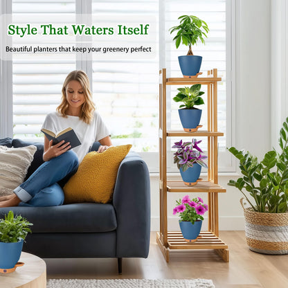 6 Inch Self Watering Pots for Indoor Plants(5-Pack) – Small Plastic Planters with Water Level Window, Drainage Holes & Detachable Trays, Indoor Outdoor Flower Pots for Herbs, Snake,Pothos(Navy Blue)