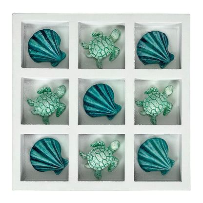 Coastal Shell and Sea Turtle Decorative Sculpture – 7" White Wood Tic Tac Toe Table Accent with Resin Pieces, Beach House Nautical Coffee Table Centerpiece, Ocean Home Decor, Adult Display Art