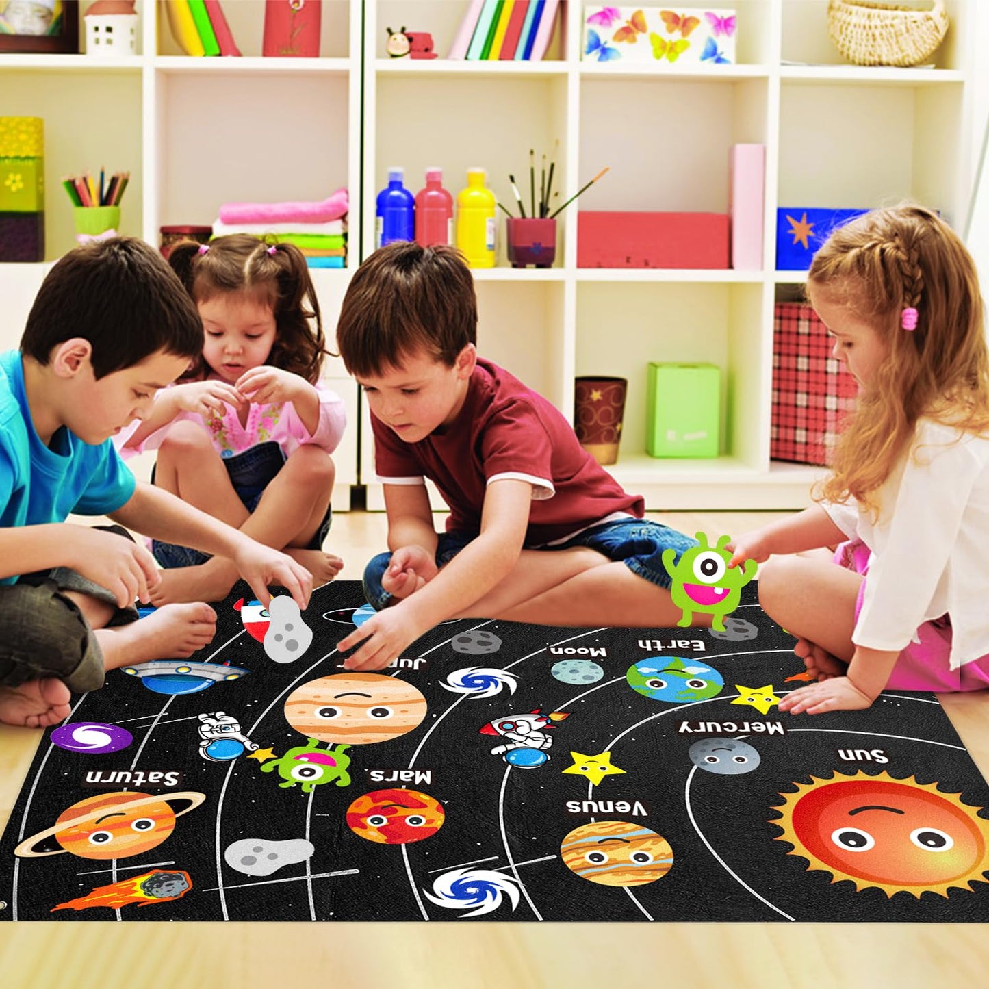WATINC 44Pcs Outer Space Felt Story Board Set 3.5 Ft Solar System Universe Storytelling Flannel Interactive Play Kit with Hooks Astronaut Planets Alien Galaxy Reusable Wall Hanging Gift for Boys Girls