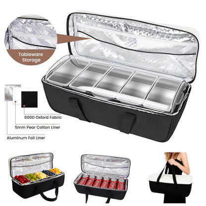 Mavolico Chilled Condiment Caddy with 5 Removable Stainless Steel Compartments, Includes Portable Insulated Tote Bag and 2 Ice Packs, Serving Tray for Picnic, Outdoor, Party and Travel