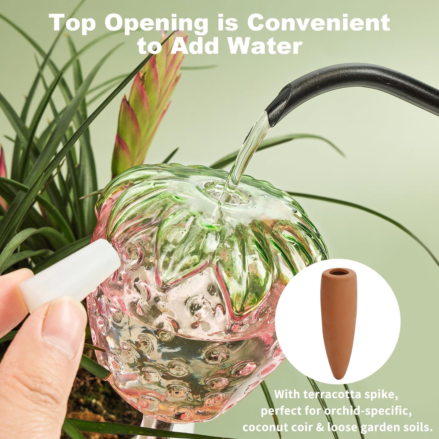 Yurucenus Strawberry-Shaped Glass Plant Watering Globes (Set of 2) - Vacation Plant Watering Devices with Terracotta Spikes, Top-Fill Watering Globes, Self Watering Planter Insert for Plants