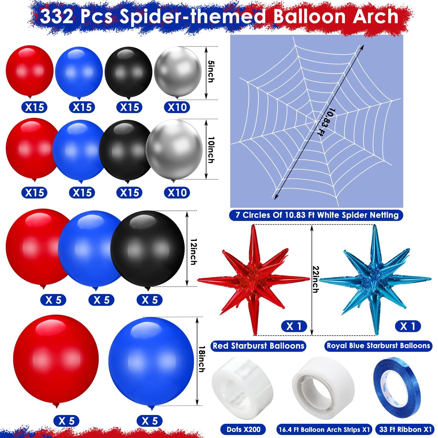 Leyndo 332 Pcs Spider Balloons Arch Garland Kit with 10.8 ft 7 Coils White Fake Spider Web Black Red and Blue Metallic Silver Latex Balloons Arch Kit for Hero Theme Baby Shower Birthday Party Decor