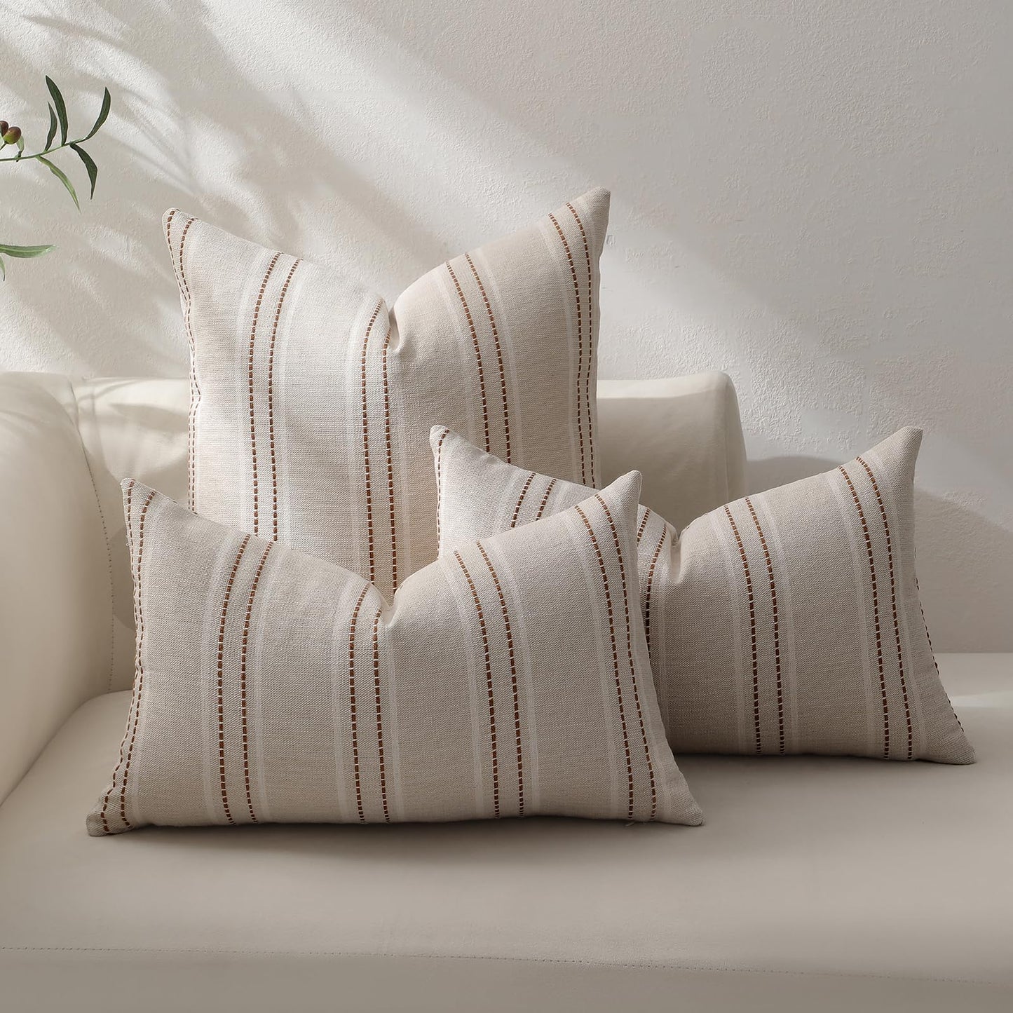 Hckot Fall Throw Pillow Covers 18x18 Set of 2 Striped Pillow Covers Textured Linen Decorative Pillows Square Cushion Covers for Sofa Couch Bed Living Room Farmhouse Decor(Caramel)