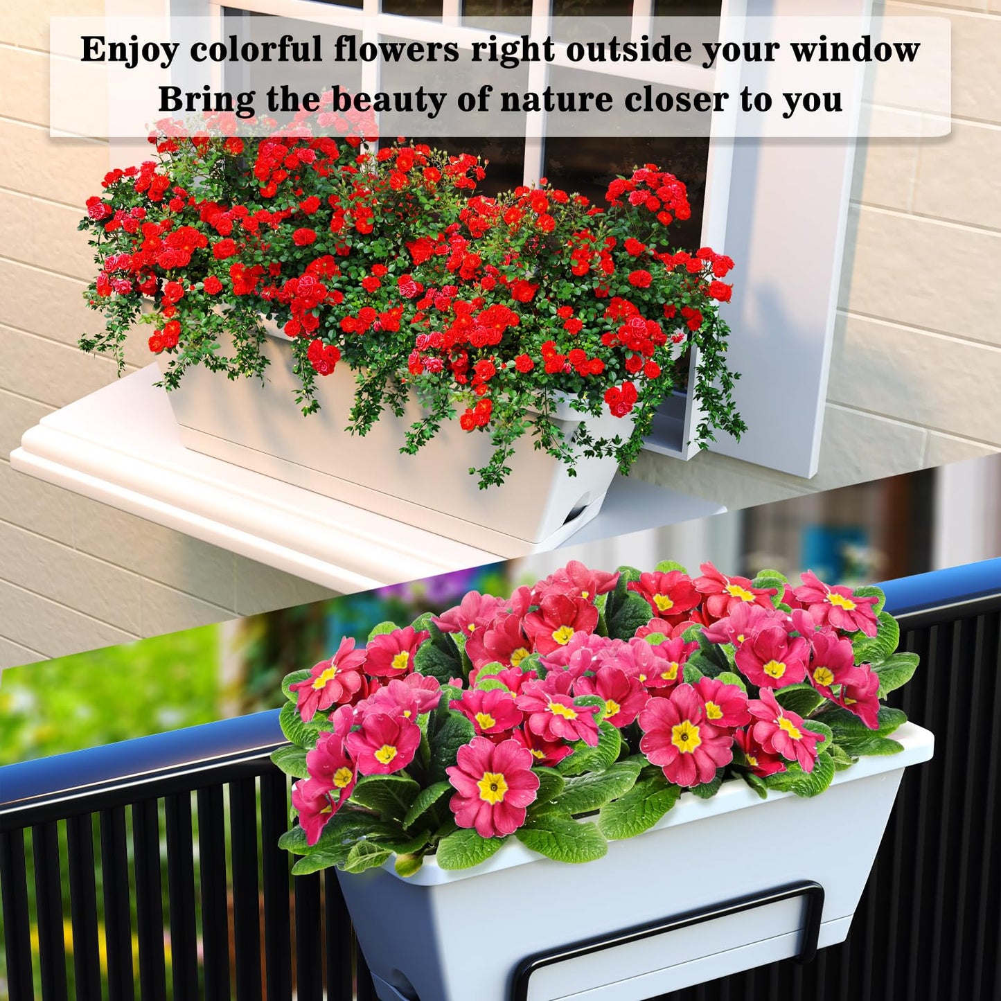 8pcs Rectangle Window Boxes Planters, 17 Inches Long Window Sill Planter Box Outdoor, Plastic Rectangular Window Flower Herb Pots Indoor with Drainage Holes and Trays for Garden Windowsill Light Grey
