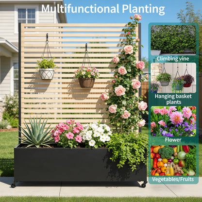 Metal Planter Box with Trellis Privacy Screen, Raised Garden Bed with Trellis & Wheels, Privacy Planters for Patio, Planter Box with Drainage Holes for Climbing Plants, Flower, 73"x 47"x 16", Wood