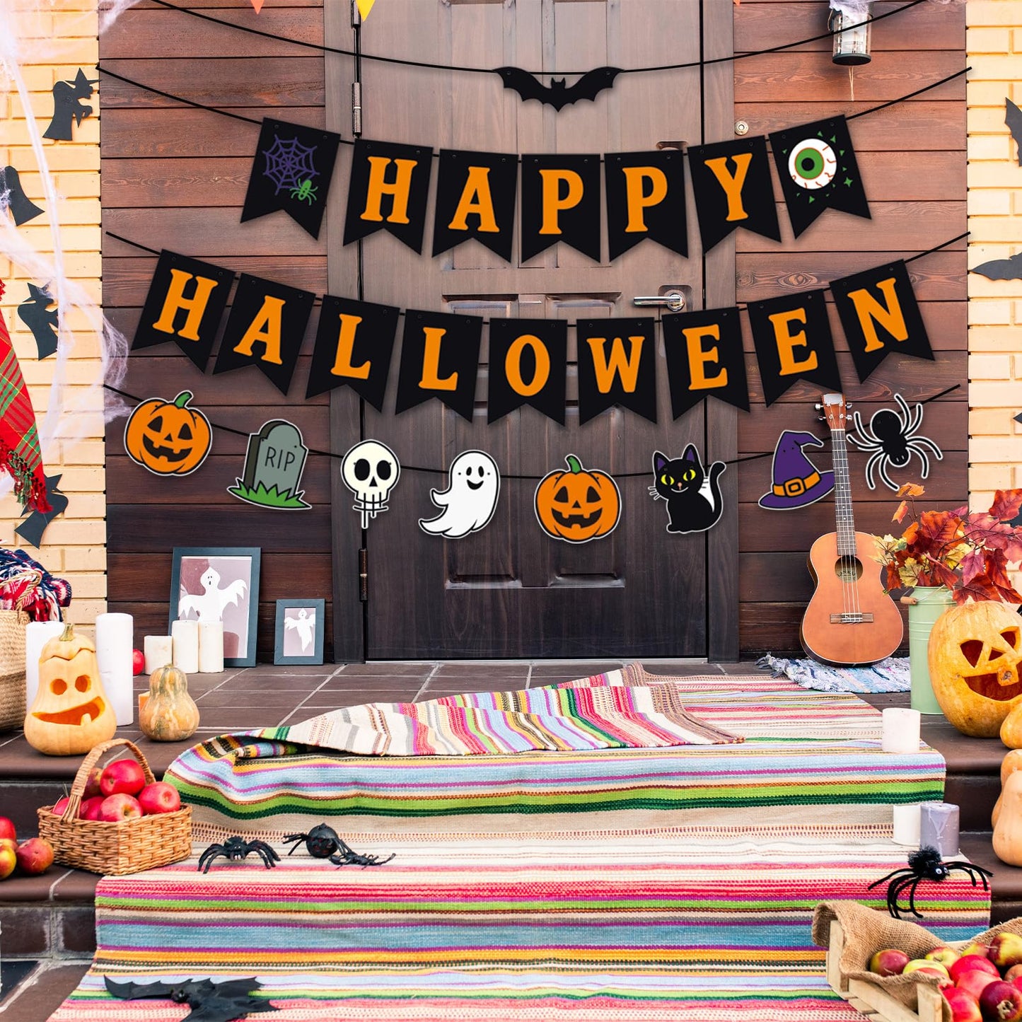 Happy Halloween Banner Garland – Black and Orange Hanging Decoration with Pumpkins, Ghost, Skull, Cat, Witch Hat, Bat, and Spider for Halloween Party, Classroom, Home, Wall, and Photo Booth Decor