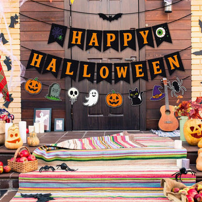 Happy Halloween Banner Garland – Black and Orange Hanging Decoration with Pumpkins, Ghost, Skull, Cat, Witch Hat, Bat, and Spider for Halloween Party, Classroom, Home, Wall, and Photo Booth Decor