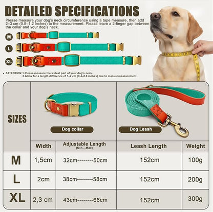 Dog Collar and Leash Set with Metal Quick Release Buckle, Adjustable, Breathable Nylon, Durable, Soft and Comfortable, No Pull for Walking and Training, Cyan, XL (16.9"-26")