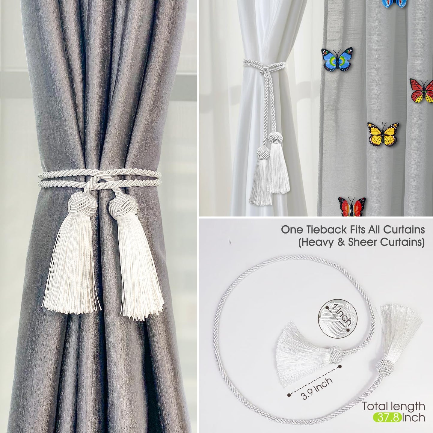 4 Pack Curtain Tassel Tiebacks, Curtains Tie Back Rope with Tassels, Handmade Decorative Curtain Holdbacks for Window Drapes - Black
