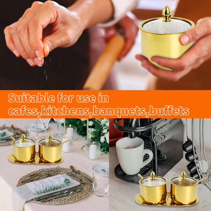 ACOSIY 2 Pack Gold Stainless Steel Sugar Bowl with Lid and Spoon, 10.5oz Small Sugar Container for Coffee Bar, Drum Shape Sugar Cube Holder, Spice Jars for Countertop, Kitchen Ghee Container (2)
