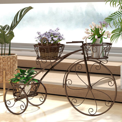 CHEFJOY Metal Bicycle Planter, 3-Tiers Flower Cart Display Stand with 3 Wheels & Iron Baskets, Decorative Cart plant stand for Garden, Patio, Indoor, Outdoor (Bronze)