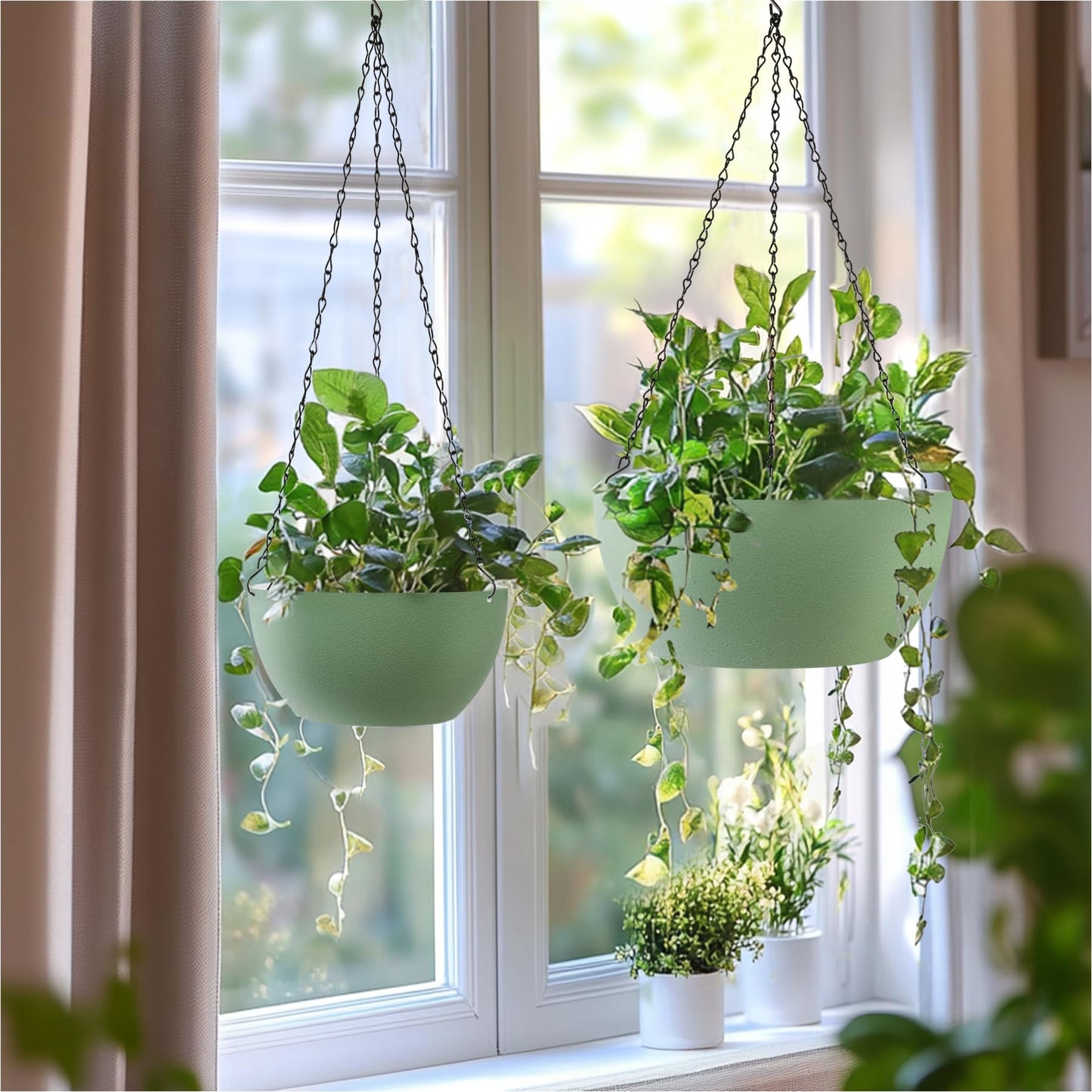 T4U 8 Inch Hanging Planter for Indoor Plants, 2 Pack Small Pots with Drainage Holes, Flower Basket Plant Holder for Home, Green