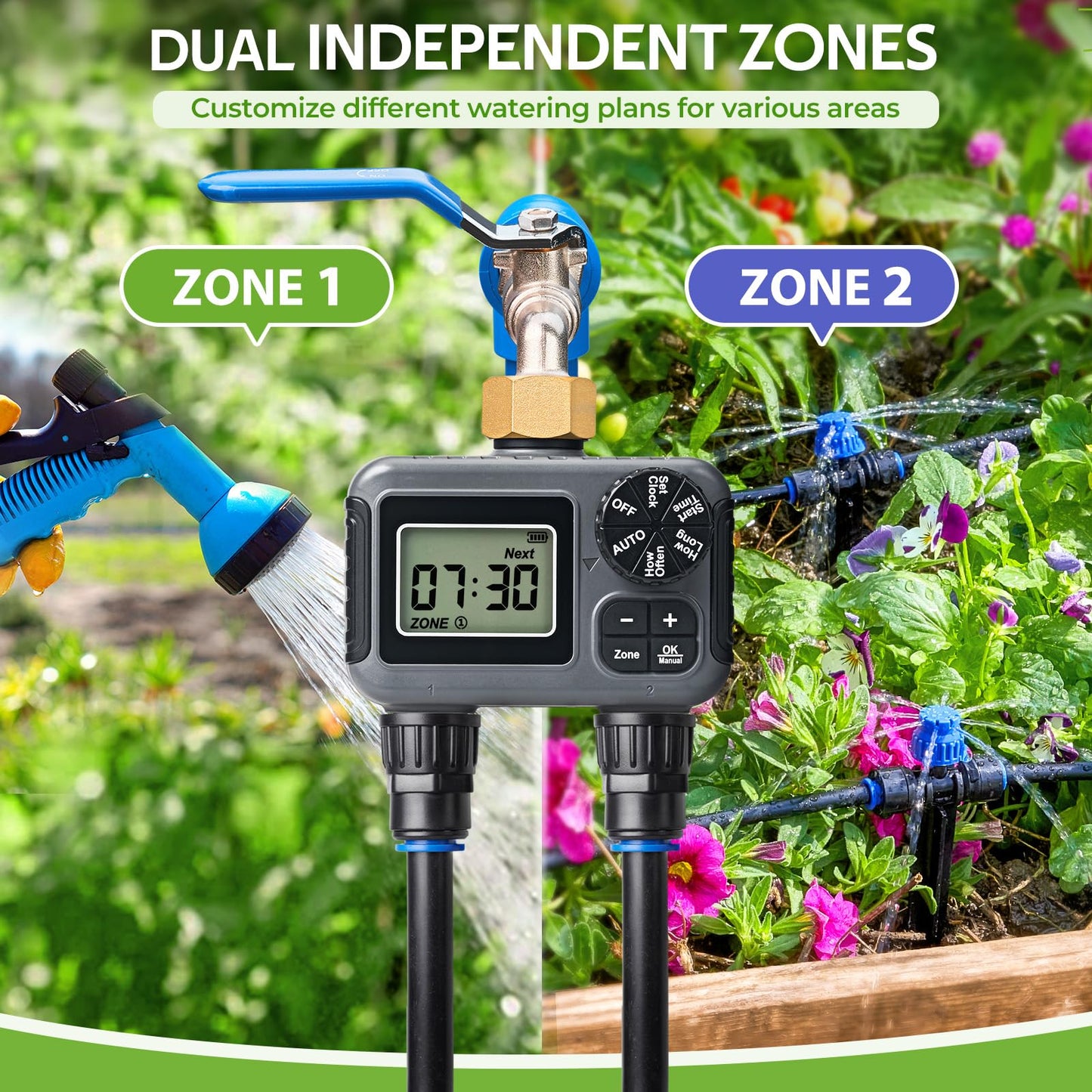 HIRALIY 100FT Drip Irrigation Kit with Garden Water Timer-2 Zone, Automatic Garden Watering System for Raised Bed, Quick Connect Design, Irrigation System for Plant Patio