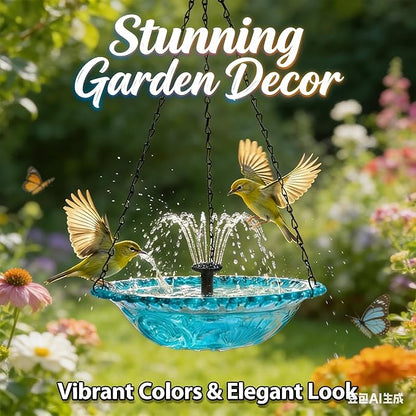 Hanging Solar Bird Bath Fountain with Water Pump, Plastic Basin, 4 Nozzles, Sturdy Metal Chains, Outdoor Garden Decor (Can Spray Water, Black)