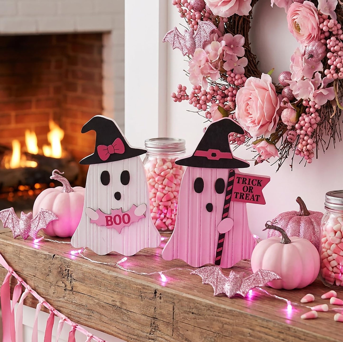 Valery Madelyn Pink Halloween Decorations, Set of 2 Cute Halloween Ghost Decor, Witch Hat Boo & Trick or Treat Wooden Tabletop Signs for Home, Shelf, Tiered Tray Party Display, 7 Inch