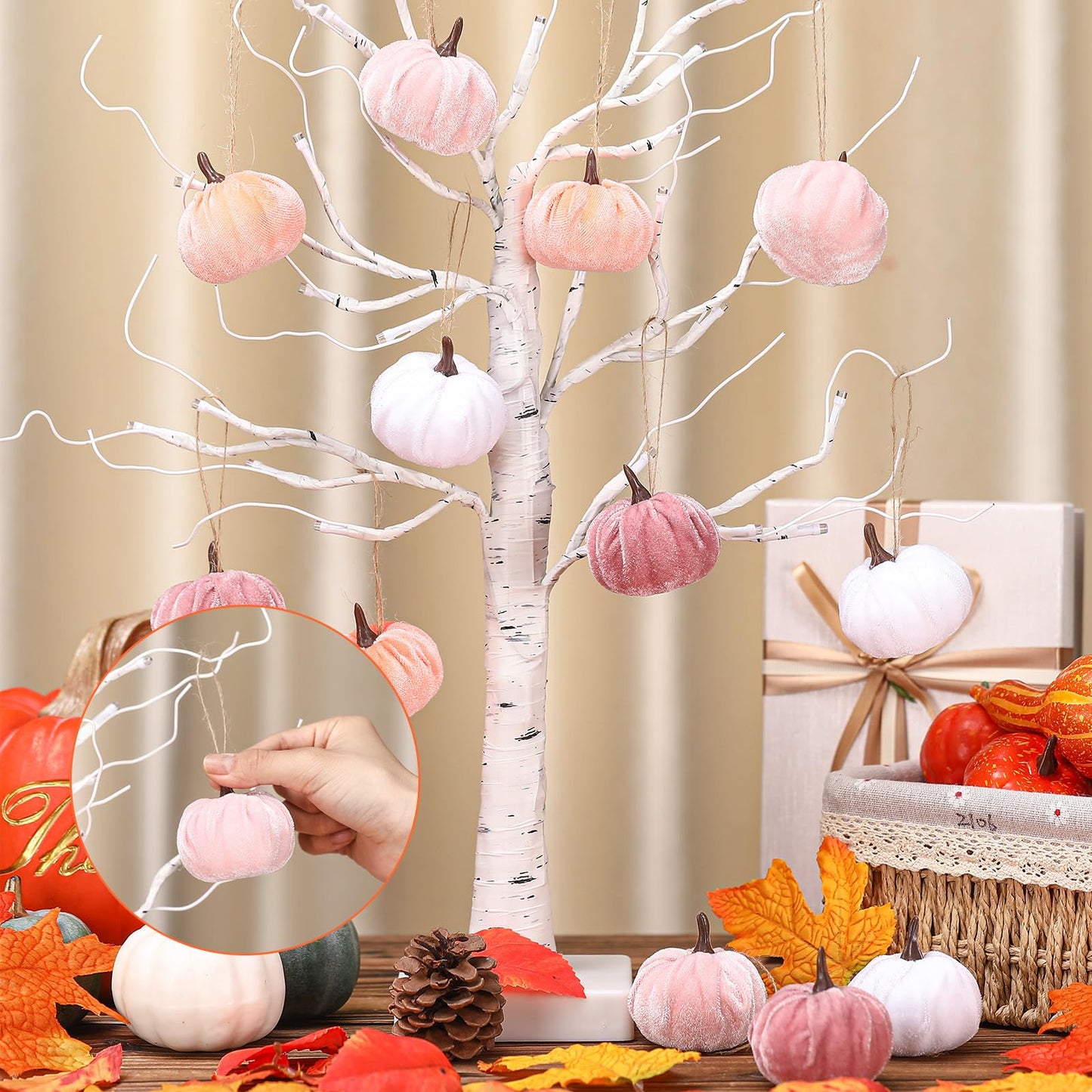 Vercraft 12 Pcs Thanksgiving Pumpkin Hanging Ornament 2 Inches Velvet Thanksgiving Fall Tree Decorations Fabric Small Tree Decorations for Farmhouse Harvest Autumn Home Party Decor(Pink and White)