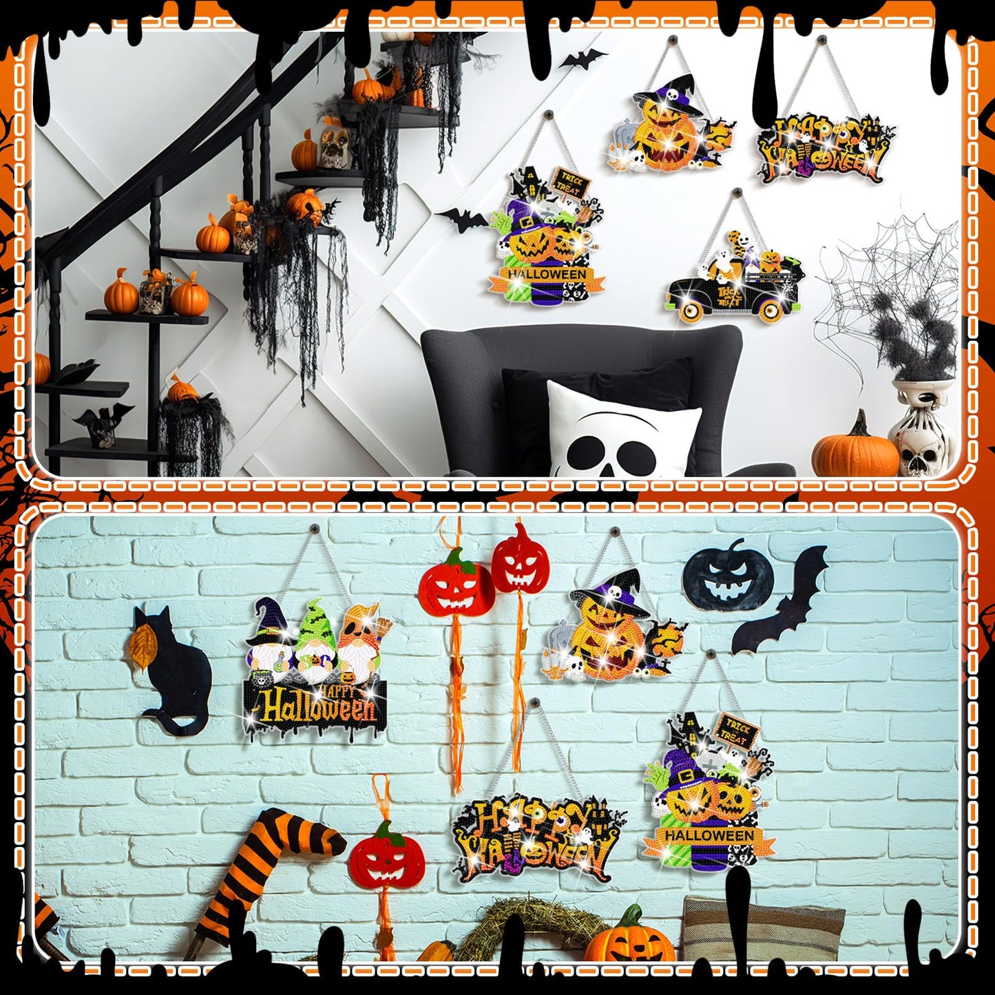 Zonon 6 Pcs Halloween Diamond Painting Hanging Sign Set 5d Gnome Pumpkin Diamond Art Set for Adults DIY Art Pendant Ornaments Kits Acrylic Bat Skull Ghost Truck for Halloween Wall Door Window Decor