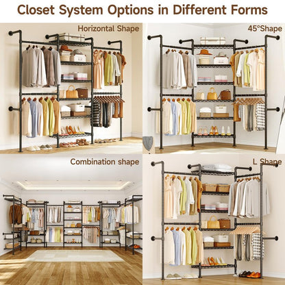 ONBRILL H3 Expandable Wall Mounted Closet System, 5.4FT-8.1FT Closet Organizer with 4 Telescopic Rods & 6 Wire Shelves, Industrial Pipe Clothing Rack for Walk-in & Reach-in Closet (Black)