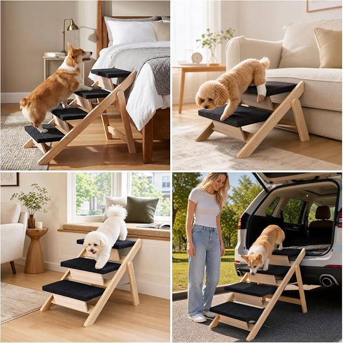 Dog Stairs/Ramp for Bed, Wooden 2-in-1 Foldable Pet Stairs & Ramp, Portable Dog Ladder Up to 180 Pound for Elderly/Short-Legged Dogs, 4 Steps for Beds, Couch