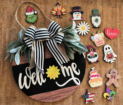 Interchangeable Welcome Sign for Front Door, 12" Rustic Wood Wreath with 14 Seasonal Icons, Year-Round Porch Decor & Housewarming Gift