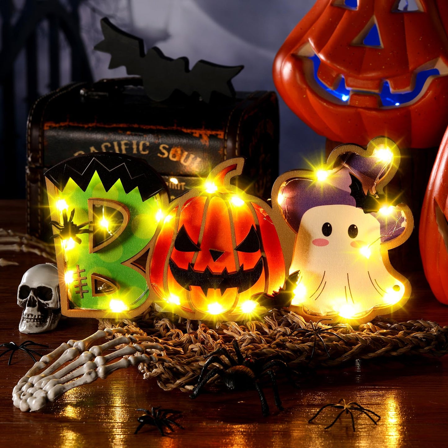 Burbell Lighted Halloween Table Decor Boo Sign Decorative Pumpkin Ghost Table Centerpiece Battery Operated Halloween Table Decor for Home Living Room Trick or Treat Halloween Decorations 5 x 10 Inches
